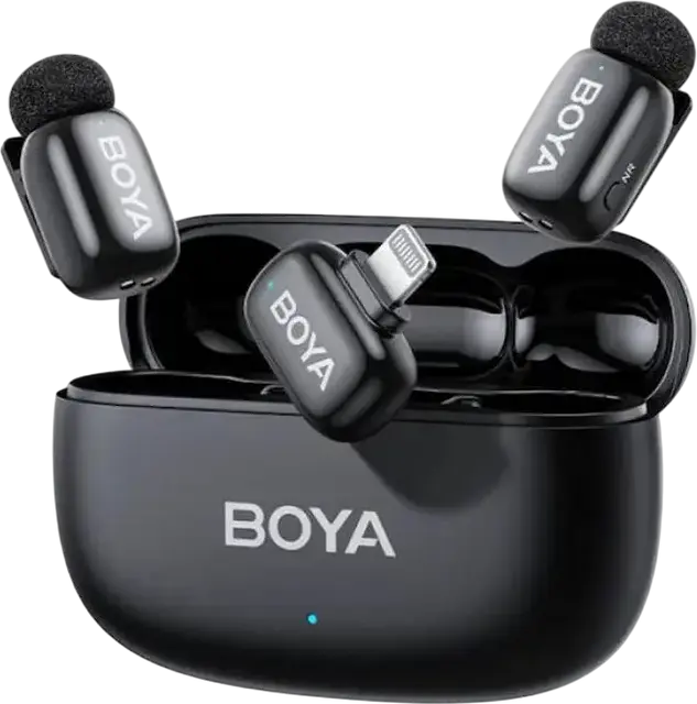 Boya mini 2-03 Wireless Lavalier Microphone Set of 3, Omnidirectional Condenser, 2.4GHz, Lightning Connector, Noise Reduction, Black