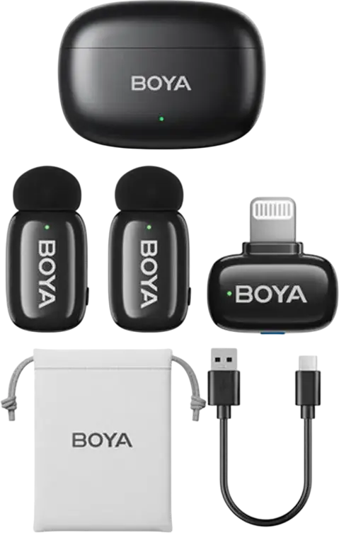 Boya mini 2-03 Wireless Lavalier Microphone Set of 3, Omnidirectional Condenser, 2.4GHz, Lightning Connector, Noise Reduction, Black