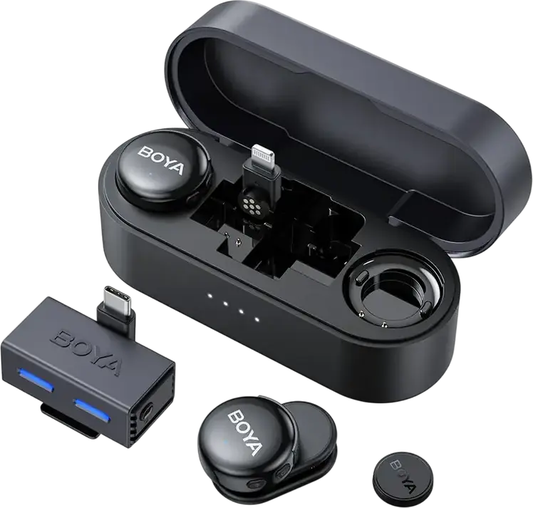 Boya Boyalink (Boyalink3-01) Wireless Lavalier Microphone System, Omnidirectional Condenser, 2.4 GHz, 300m Range, USB-C, Lightning, 3.5mm, Black