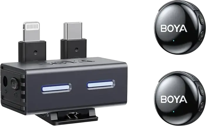Boya Boyalink (Boyalink3-01) Wireless Lavalier Microphone System, Omnidirectional Condenser, 2.4 GHz, 300m Range, USB-C, Lightning, 3.5mm, Black