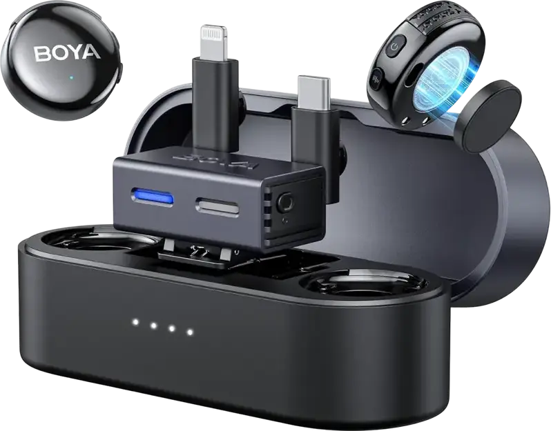 Boya Boyalink (Boyalink3-01) Wireless Lavalier Microphone System, Omnidirectional Condenser, 2.4 GHz, 300m Range, USB-C, Lightning, 3.5mm, Black
