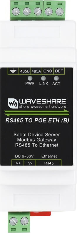 Waveshare RS485 TO POE ETH (B) Modbus Gateway Serial Device Server, PoE IEEE 802.3af, RS485 to Ethernet, DIN Rail Mount, -40°C to 85°C, White