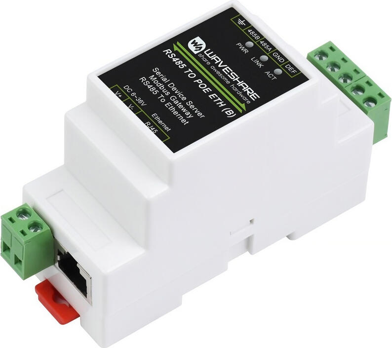 Waveshare RS485 TO POE ETH (B) Modbus Gateway Serial Device Server, PoE IEEE 802.3af, RS485 to Ethernet, DIN Rail Mount, -40°C to 85°C, White