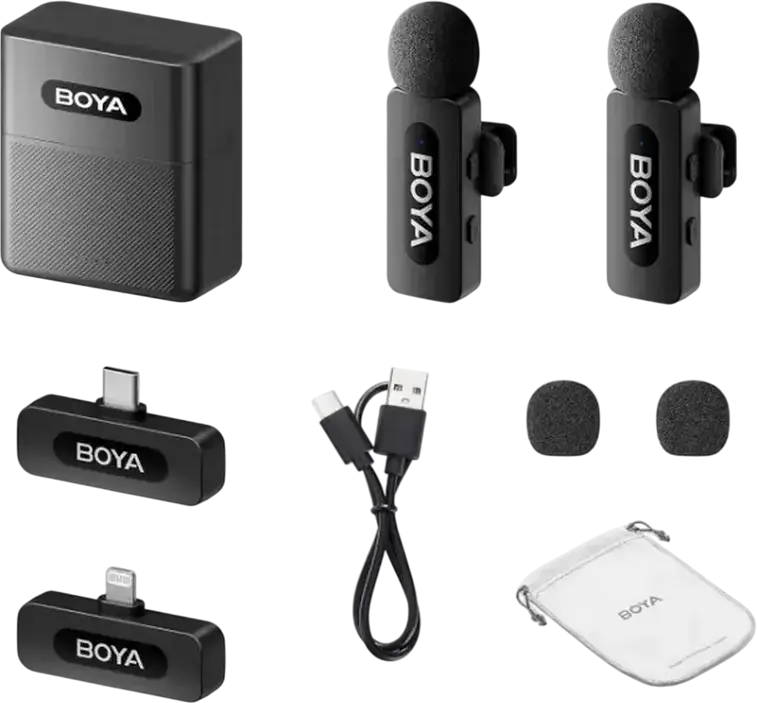 Беспроводная система микрофонов-петличек Boya BY-V3 Combo, всенаправленный конденсаторный, 2.4 ГГц, радиус 100 м, аккумулятор 9 ч, набор из 2 передатчиков и 2 приемников