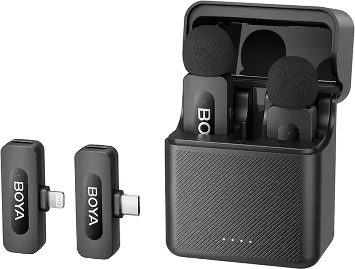 Беспроводная система микрофонов-петличек Boya BY-V3 Combo, всенаправленный конденсаторный, 2.4 ГГц, радиус 100 м, аккумулятор 9 ч, набор из 2 передатчиков и 2 приемников