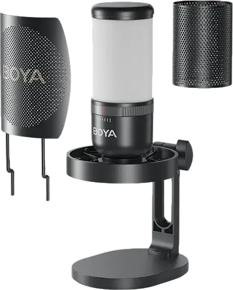 Игровой конденсаторный USB-микрофон Boya K3, суперкардиоидный, RGB-подсветка, шумоподавление ENC, с поп-фильтром, стойкой и shock mount, набор из 6 предметов