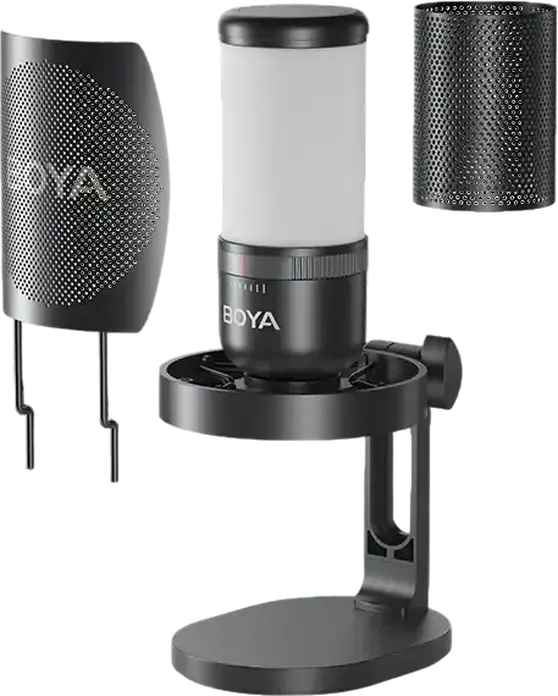 Игровой конденсаторный USB-микрофон Boya K3, суперкардиоидный, RGB-подсветка, шумоподавление ENC, с поп-фильтром, стойкой и shock mount, набор из 6 предметов
