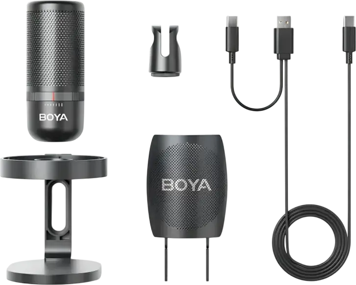 Игровой конденсаторный USB-микрофон Boya K3, суперкардиоидный, RGB-подсветка, шумоподавление ENC, с поп-фильтром, стойкой и shock mount, набор из 6 предметов