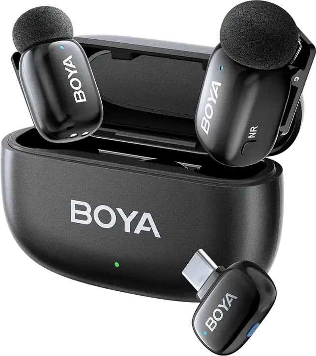 Boya mini 2-02 Wireless Lavalier Microphone Set of 2 Transmitters, Omnidirectional Condenser, 2.4 GHz, 100m Range, Noise Reduction, USB-C, Black