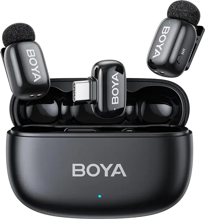 Boya mini 2-02 Wireless Lavalier Microphone Set of 2 Transmitters, Omnidirectional Condenser, 2.4 GHz, 100m Range, Noise Reduction, USB-C, Black