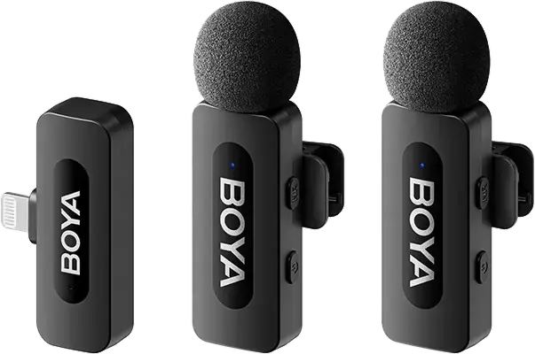 Boya BY-V2 Wireless Lavalier Microphone Set of 2, Omnidirectional Condenser Mic for Lightning Devices, Noise Reduction, 100m Range, Black
