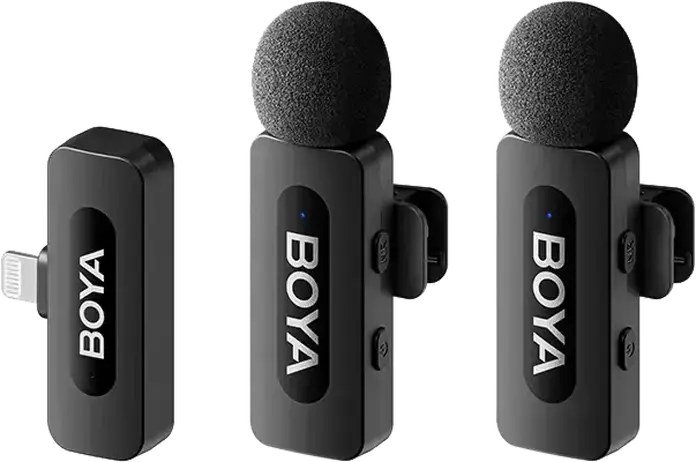 Boya BY-V2 Wireless Lavalier Microphone Set of 2, Omnidirectional Condenser Mic for Lightning Devices, Noise Reduction, 100m Range, Black