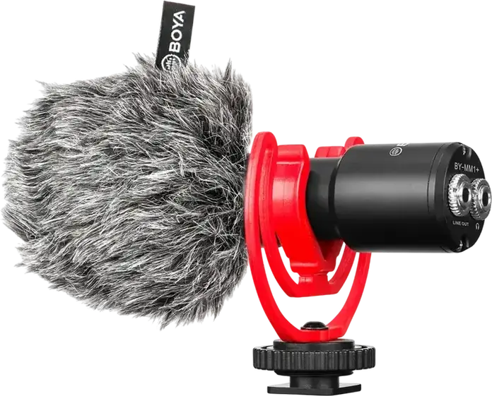 Boya BY-MM1+ Supercardioid Condenser Camera Microphone with Real-time Monitoring, 3.5mm Jack, 20-18000Hz, Black, Accessory Kit