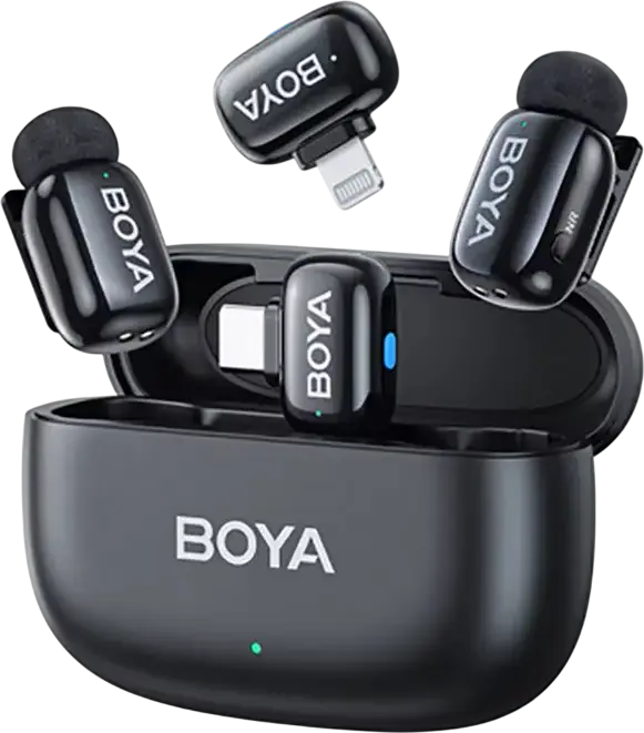 Set de 4 piese Microfon Lavaliere Wireless Boya mini 2-01, Condensator Omnidirectional, 2.4GHz, Raza 100m, Reducere Zgomot, USB-C si Lightning, Culoare: Negru