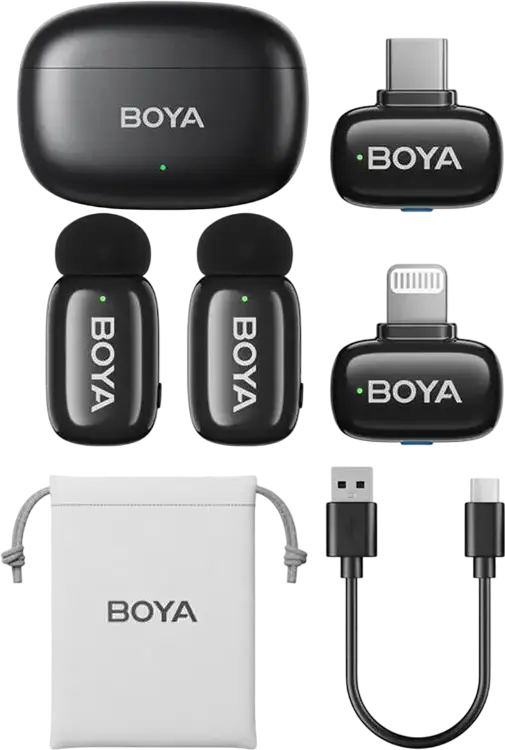 Set de 4 piese Microfon Lavaliere Wireless Boya mini 2-01, Condensator Omnidirectional, 2.4GHz, Raza 100m, Reducere Zgomot, USB-C si Lightning, Culoare: Negru
