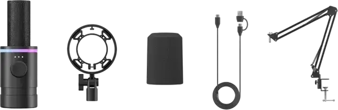 Microfon Gaming Boya CastMic S60B Dinamic, Cardioid, XLR, Inel RGB, Buton Gain Integrat, Negru, Set de 4 piese