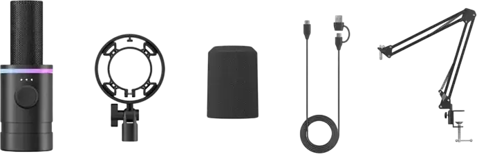 Microfon Gaming Boya CastMic S60B Dinamic, Cardioid, XLR, Inel RGB, Buton Gain Integrat, Negru, Set de 4 piese