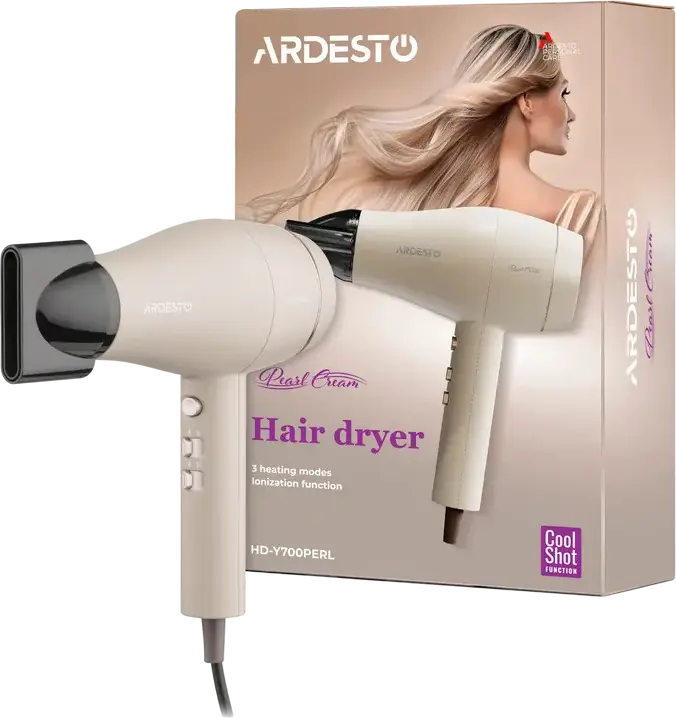 Фен для волос Ardesto HD-Y700PERL, 2000 Вт, ионизация, 3 температурных и 2 режима обдува, функция холодного обдува, цвет Pearl Cream, набор из 2 насадок