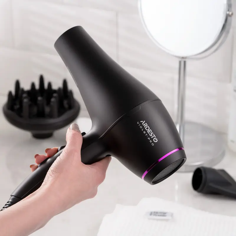 Ardesto HD-Y222PRO Violet Pro Hair Dryer, 2200W, 3 Temperature Settings, 2 Airflow Modes, Cold Air, Overheating Protection, Set of 2 Nozzles (Diffuser, Concentrator), Black