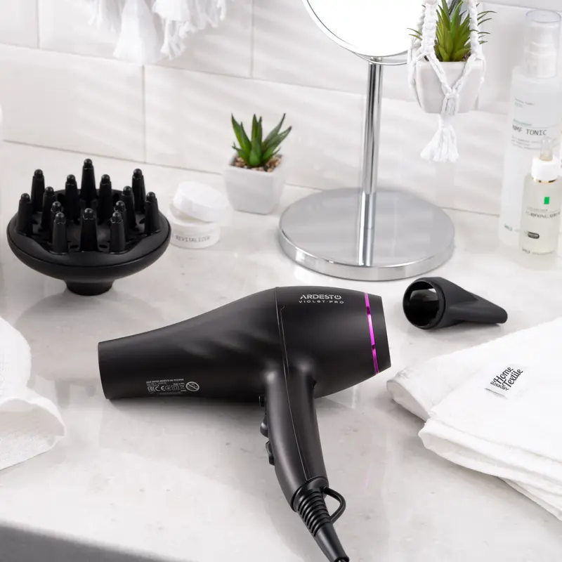 Ardesto HD-Y222PRO Violet Pro Hair Dryer, 2200W, 3 Temperature Settings, 2 Airflow Modes, Cold Air, Overheating Protection, Set of 2 Nozzles (Diffuser, Concentrator), Black