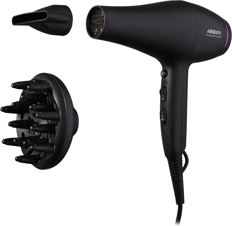 Ardesto HD-Y222PRO Violet Pro Hair Dryer, 2200W, 3 Temperature Settings, 2 Airflow Modes, Cold Air, Overheating Protection, Set of 2 Nozzles (Diffuser, Concentrator), Black