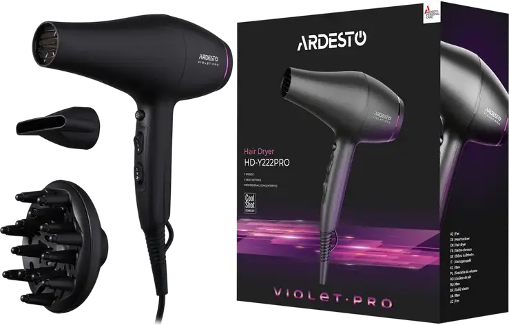 Ardesto HD-Y222PRO Violet Pro Hair Dryer, 2200W, 3 Temperature Settings, 2 Airflow Modes, Cold Air, Overheating Protection, Set of 2 Nozzles (Diffuser, Concentrator), Black