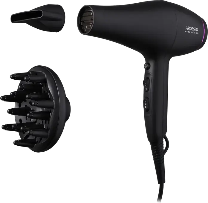 Ardesto HD-Y222PRO Violet Pro Hair Dryer, 2200W, 3 Temperature Settings, 2 Airflow Modes, Cold Air, Overheating Protection, Set of 2 Nozzles (Diffuser, Concentrator), Black
