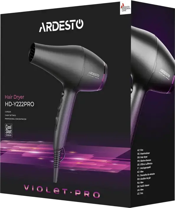 Ardesto HD-Y222PRO Violet Pro Hair Dryer, 2200W, 3 Temperature Settings, 2 Airflow Modes, Cold Air, Overheating Protection, Set of 2 Nozzles (Diffuser, Concentrator), Black