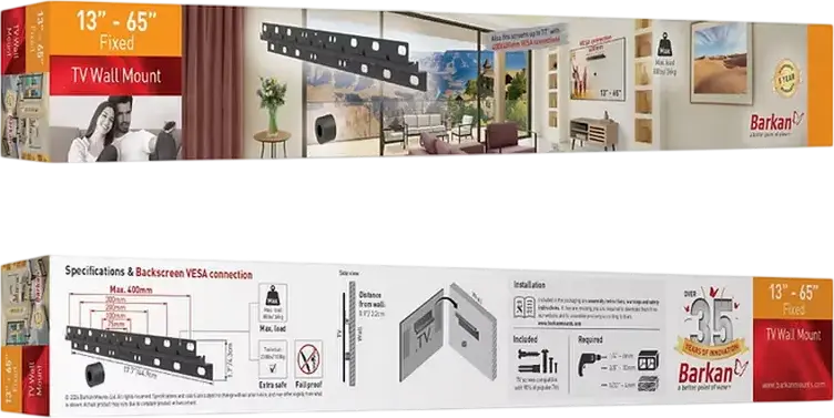 Barkan E304 Wall Mount TV Support for 13-65 inch Screens, VESA up to 400x400mm, Max Load 36kg, Tilt +10/-15 Degrees, Cable Channel, Black