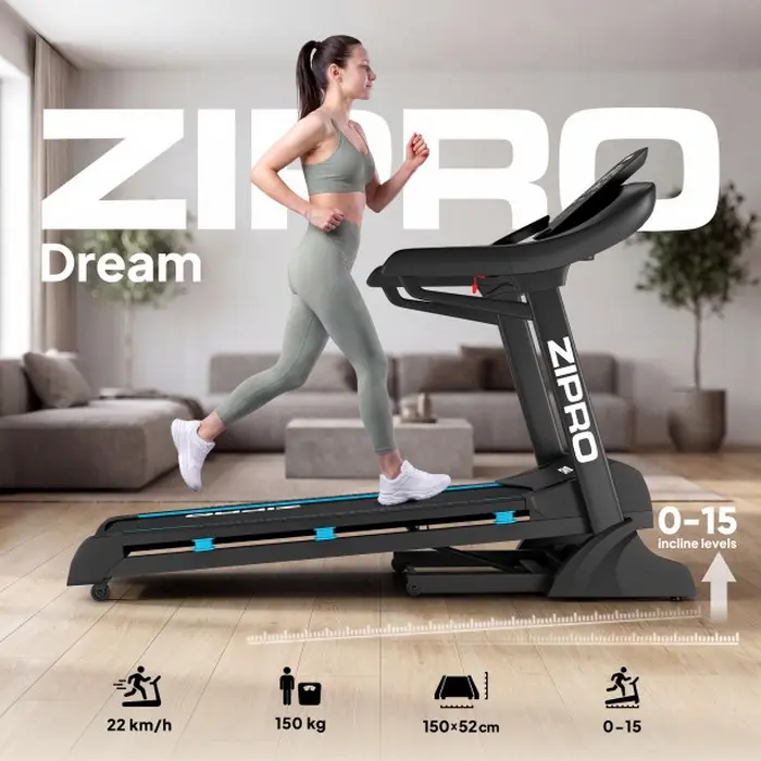 Zipro Dream Foldable Treadmill Walkingpad, Digital Display, Speed 2-15 km/h, Multi-layer Running Belt, Transport Wheels, 150x52 cm
