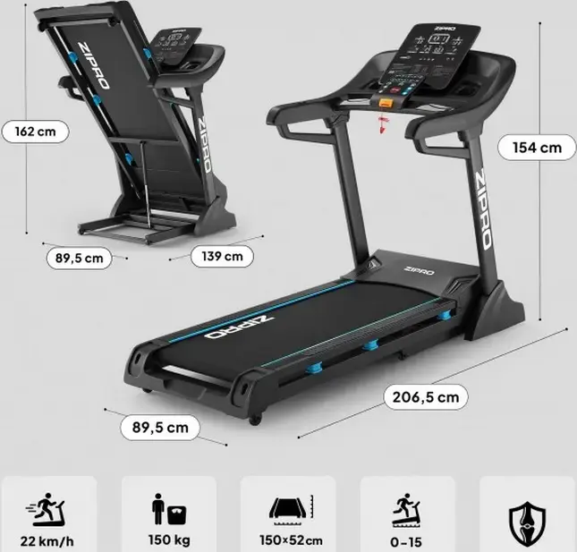Zipro Dream Foldable Treadmill Walkingpad, Digital Display, Speed 2-15 km/h, Multi-layer Running Belt, Transport Wheels, 150x52 cm