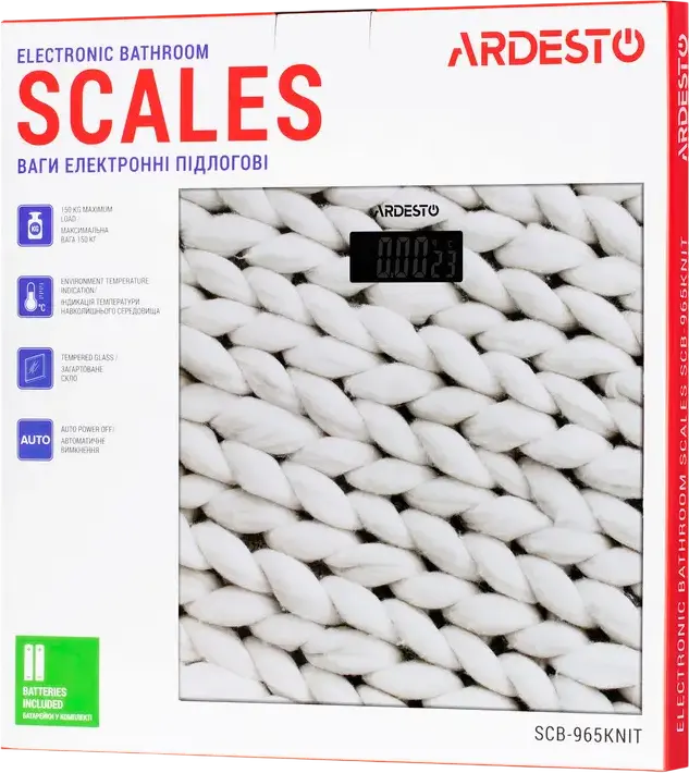 Ardesto SCB-965KNIT Electronic Bathroom Scale, 150kg Max Load, Tempered Glass Platform, LED Display, White Knit Design, 31x31 cm