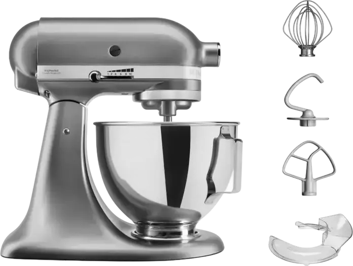 Mixer staționar KitchenAid 5KSM95PSECU Planetar, Bol Inox 4.3L, 250W, 10 Viteze, Cap Basculant, Carcasă Metal, Set de 4 Accesorii, Gri