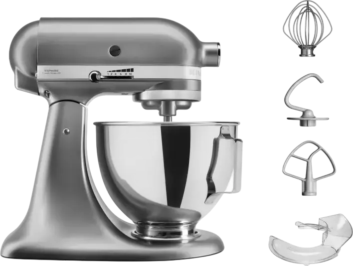Mixer staționar KitchenAid 5KSM95PSECU Planetar, Bol Inox 4.3L, 250W, 10 Viteze, Cap Basculant, Carcasă Metal, Set de 4 Accesorii, Gri