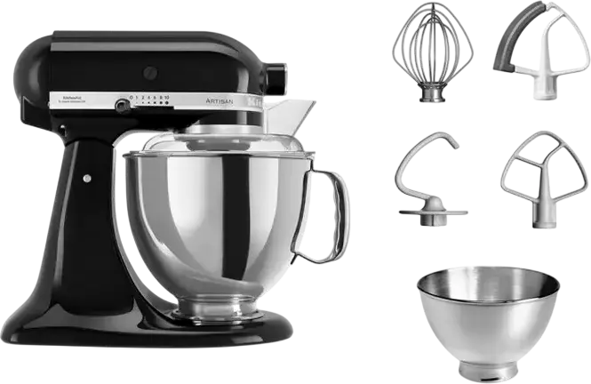 Robot de cuisine KitchenAid Artisan 5KSM175, Mixer Planetar 300W, Bol Inox 4.8L, Carcasă Metalică, 10 Viteze, Set de 6 Accesorii și Atasamente