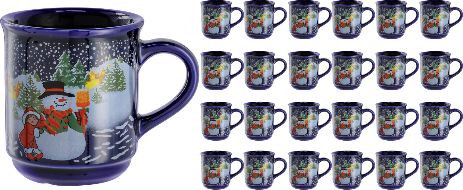 Cani pentru Vin Fiert Pulsiva, Ceramică cu Motive de Crăciun, 240ml, Albastru Închis, Sigure la Mașina de Spălat Vase și Cuptor cu Microunde, Set de 24 Piese