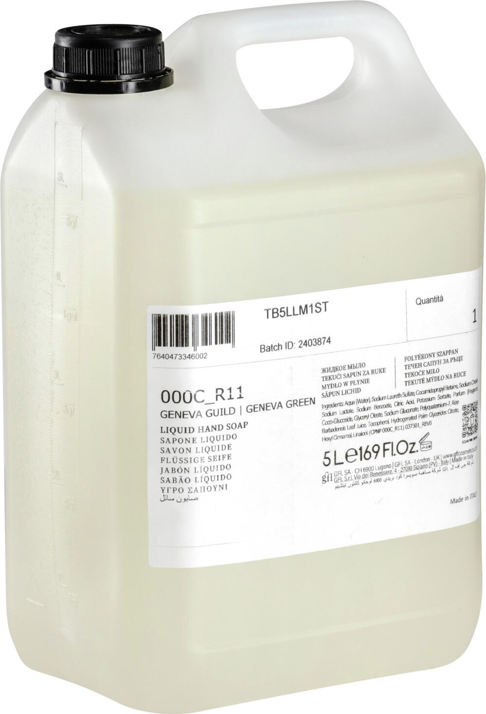 Sapun lichid de maini Geneva Guild Geneva Green cu extract de aloe vera, pH neutru, vegan, testat dermatologic, canistru de 5L, set de 2 piese
