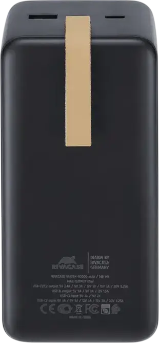 Внешний аккумулятор Rivacase VA1084 40000мАч 65Вт Power Delivery Быстрая зарядка Li-Polymer с LCD-дисплеем и портами USB-C, Черный