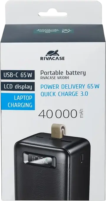 Внешний аккумулятор Rivacase VA1084 40000мАч 65Вт Power Delivery Быстрая зарядка Li-Polymer с LCD-дисплеем и портами USB-C, Черный