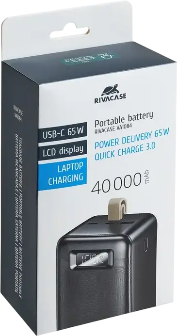 Внешний аккумулятор Rivacase VA1084 40000мАч 65Вт Power Delivery Быстрая зарядка Li-Polymer с LCD-дисплеем и портами USB-C, Черный