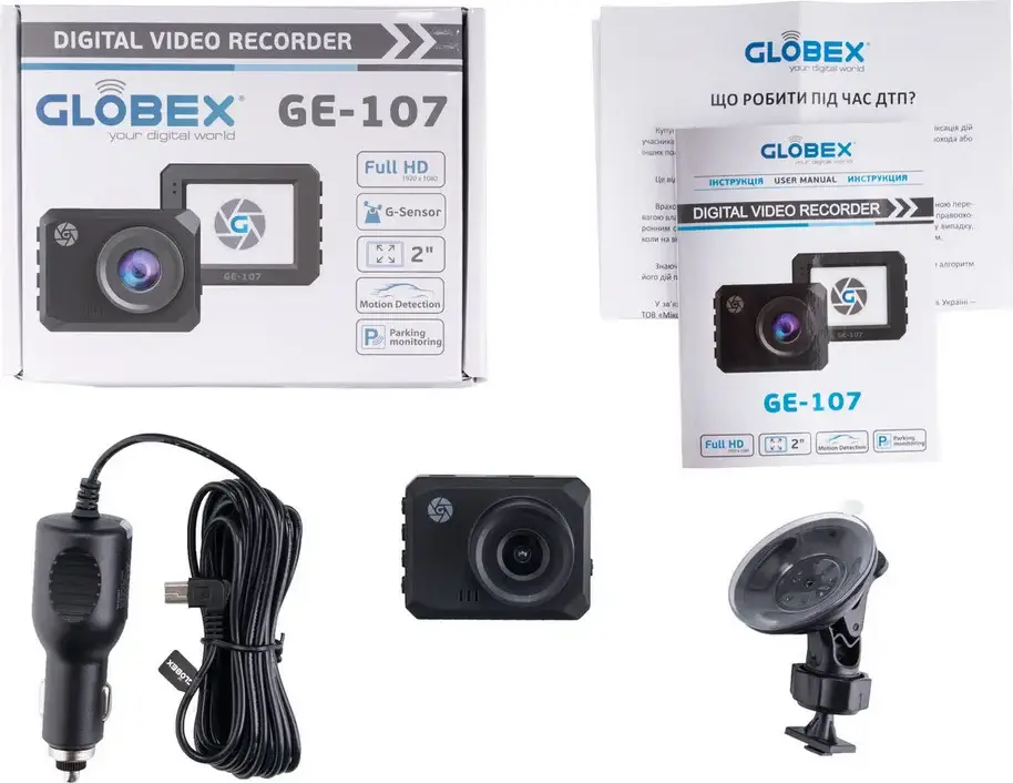 Автомобильный видеорегистратор Globex GE-107 Full-HD 1080P, угол обзора 140 градусов, 2-дюймовый сенсорный LCD-экран, поддержка MicroSD до 64ГБ, черный