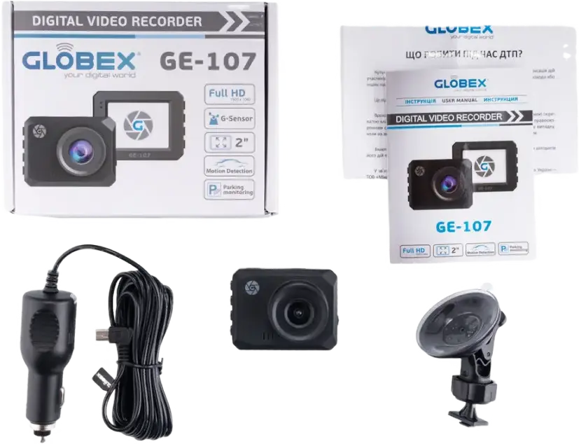 Автомобильный видеорегистратор Globex GE-107 Full-HD 1080P, угол обзора 140 градусов, 2-дюймовый сенсорный LCD-экран, поддержка MicroSD до 64ГБ, черный