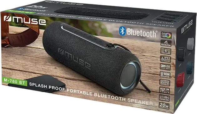 Портативная Bluetooth-колонка MUSE M-780 BT, 20 Вт RMS, влагозащита IPX5, аккумулятор 3000 мАч, до 10 ч работы, USB-C, TWS стереопаринг, цветная подсветка, черный