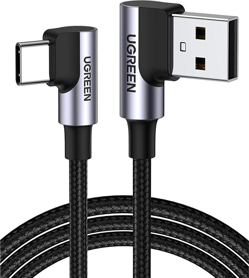 UGREEN US385 USB Type-A to USB Type-C Cable, 90-Degree Right-Angle Connectors, USB 2.0, 3A 36W Fast Charging, Braided Nylon, 1m, Black