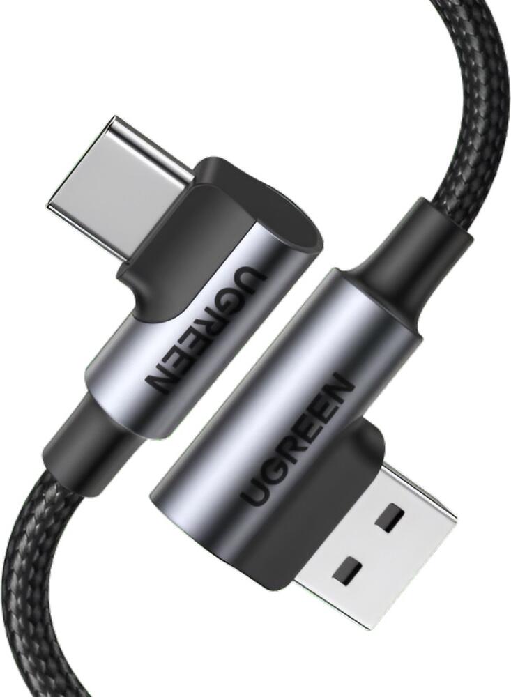 UGREEN US385 USB Type-A to USB Type-C Cable, 90-Degree Right-Angle Connectors, USB 2.0, 3A 36W Fast Charging, Braided Nylon, 1m, Black