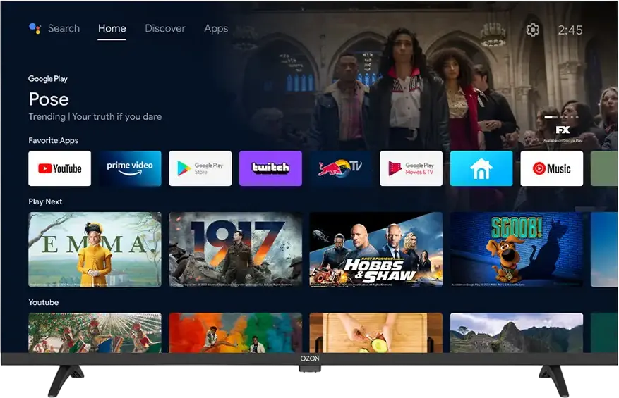 Televizor Smart LED OZON H32S6000R 32", HD 1366x768, Android TV, DLED, Dolby Audio, Wi-Fi, Ethernet, 2x HDMI, 2x USB, Negru