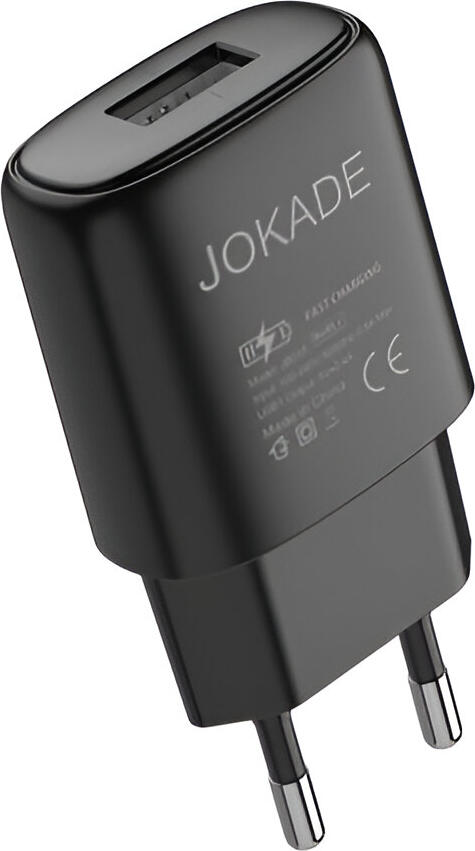 Jokade Wall Charger 3A, Single USB Type-A Port, Fast Charging EU Plug, Smart Energy Distribution, Overvoltage Protection, Color: Black