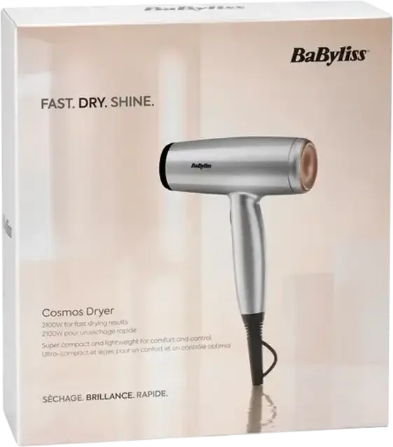 BaByliss Cosmos D580DE Hair Dryer, 2100W, Ionic and Ceramic Technology, 3 Temperature and 2 Speed Settings, Cold Shot, Silver, with Diffuser and Concentrator
