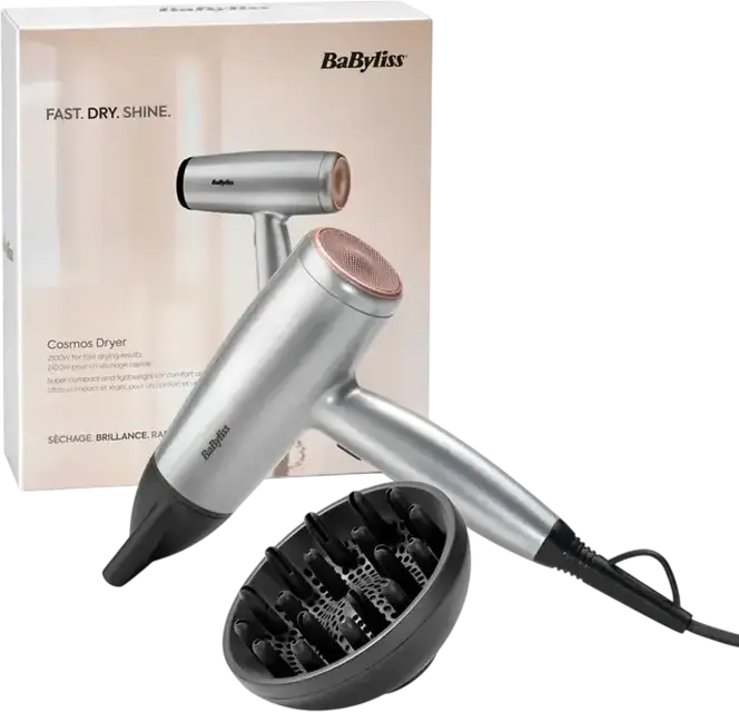 BaByliss Cosmos D580DE Hair Dryer, 2100W, Ionic and Ceramic Technology, 3 Temperature and 2 Speed Settings, Cold Shot, Silver, with Diffuser and Concentrator