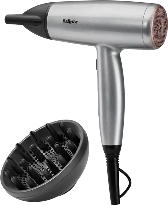 BaByliss Cosmos D580DE Hair Dryer, 2100W, Ionic and Ceramic Technology, 3 Temperature and 2 Speed Settings, Cold Shot, Silver, with Diffuser and Concentrator